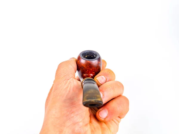 Pipe Füstölgő Dohány Kezében Egy Dohányos Fehér Alapon Dohányzó Fából — Stock Fotó