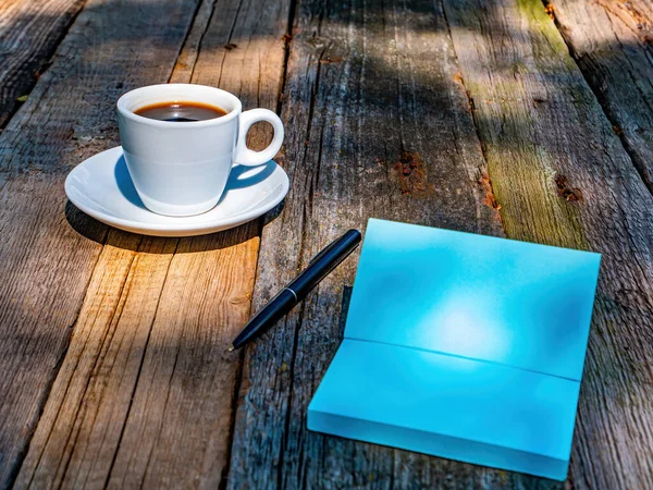 Cup Coffee Notebook Writing Pen Wooden Tabletop Coffee Drink Notebook — Stock Photo, Image