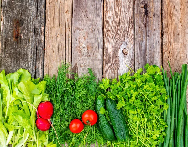 Vegetables cucumbers with tomatoes and radishes on a wooden table. Green cucumber. Red tomato. Red radish. Vegetable salad. Onions and parsley. Dill and lettuce salad. Harvest vegetables.