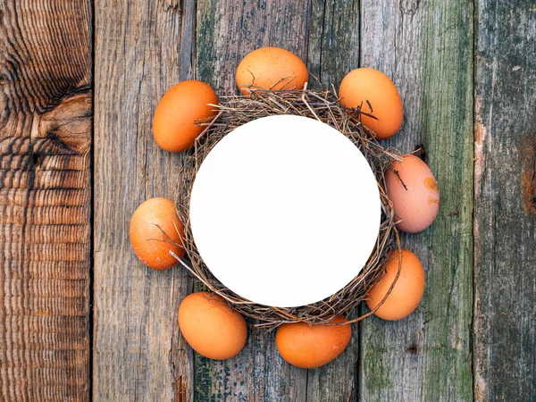 Um círculo de ovos de galinha em uma mesa de madeira. — Fotografia de Stock