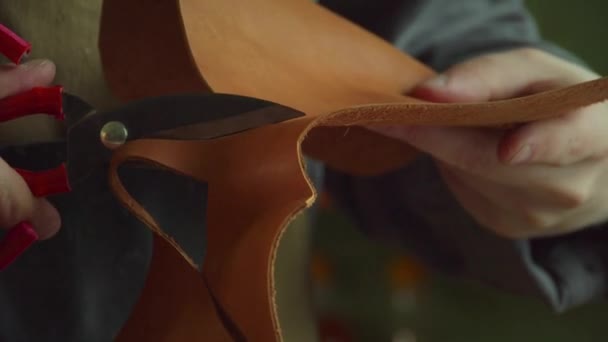 Tanner i verkstaden skär ut en formad element med skarp sax från en bit äkta läder i närbild. — Stockvideo