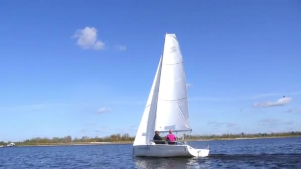 Belle vue sur un yacht blanc naviguant contre le ciel bleu et la côte verte — Video