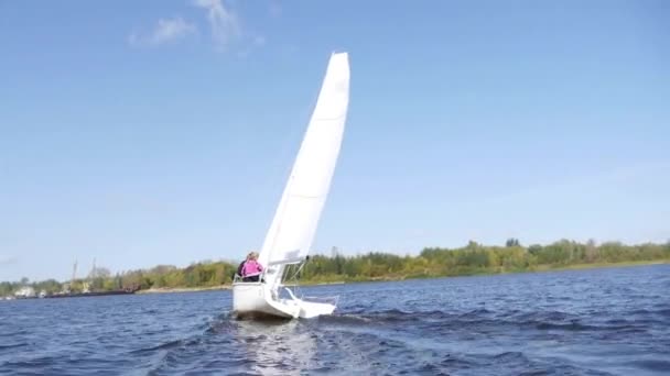 Un alegre grupo de jóvenes amigos viaja en un velero en el río en el verano — Vídeos de Stock