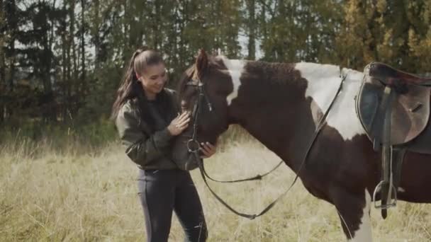 Schattig meisje ruiter knuffels en streelt haar favoriete paard tijdens een wandeling in het veld. Pet love concept — Stockvideo