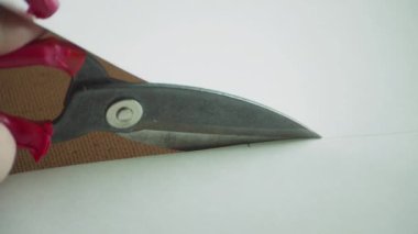 Keskin profesyonel makasları bir terzinin elinde kapatın. Çizgi boyunca bir sayfa kağıt kesin. Yavaş çekim