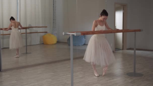 Eine schöne Ballerina steht an der Ballettschiene und streckt ihre Beine vor dem Spiegel — Stockvideo