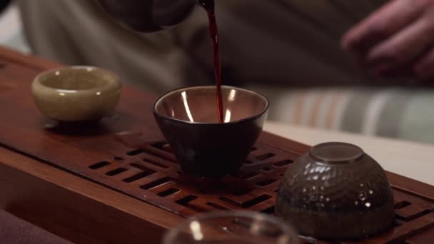 Продавец и владелец чайного магазина наливает чай из чайника для клиента и гостя в керамические миски для проведения дегустации чайной церемонии. — стоковое видео
