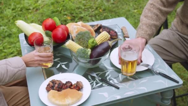 Lors d'un pique-nique à la campagne, un homme et une femme se serrent les verres avec de la bière, célèbrent les vacances. Mouvement lent — Video