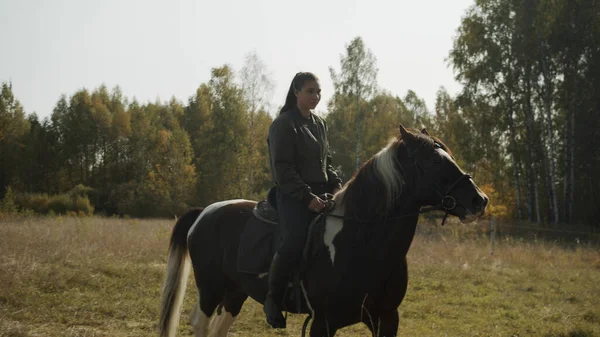 Em um fim de semana no outono, uma jovem veio ao clube equestre para montar um cavalo nos campos. — Fotografia de Stock
