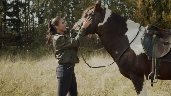 Bonito menina cavaleiro abraços e traços seu cavalo favorito durante uma caminhada nos campos. Pet amor conceito — Fotografia de Stock
