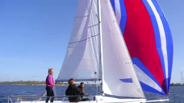 Une athlète féminine tire une grande voile bleu-blanc-rouge sur son yacht lors d'une régate — Video