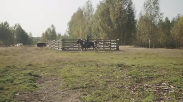 Un cavalier expérimenté montre à une femme comment contrôler un cheval alors qu'elle monte à côté d'un enclos en bois dans un club équestre de campagne. — Video