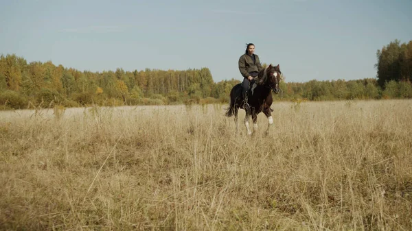 Uma jovem está aprendendo a montar um cavalo calmo e amigável em um campo com grama alta à tarde — Fotografia de Stock