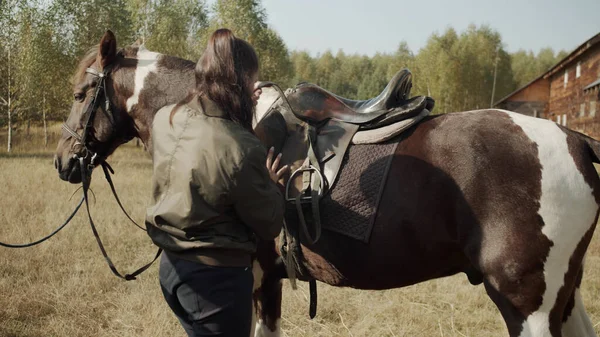 Um cavaleiro experiente depois de montar um cavalo desprende-lo, solta os girths sob a sela — Fotografia de Stock