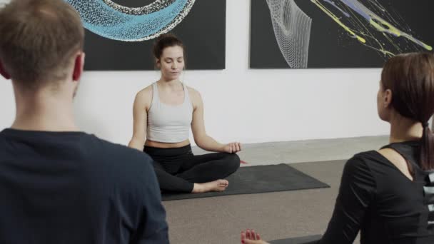 Jonge vreedzame vrouw genietend van groepsyoga — Stockvideo