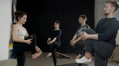 Yakışıklı kadınlar ve erkekler ayakta durabilmek için yoga grubu kuruyorlar.