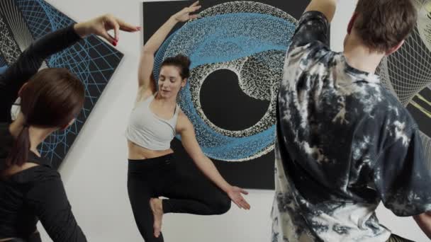Emberek csoportja az egyensúly képzés során a szobában, fekete-kék festmények — Stock videók