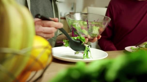 Un homme séduisant met de la salade dans les assiettes — Video