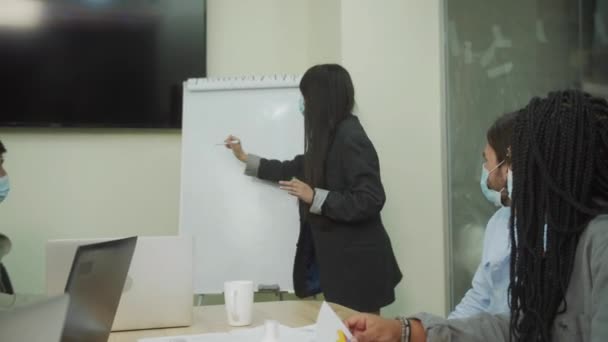 Genç bir iş kadını projeyi yönetim kurulunda gösteriyor. — Stok video