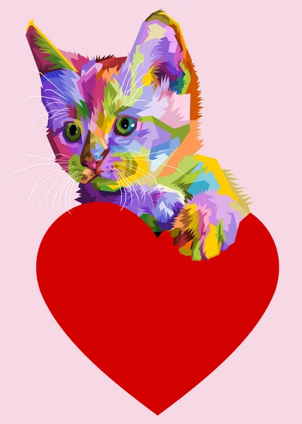 Gatto Colorato Abbraccia Cuore Dell Amore — Vettoriale Stock
