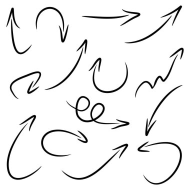 Elle çizilmiş oklar. Vektör karalama tasarım elementleri. İş bilgileri, afişler, web ve konsept tasarımı için beyaz arkaplan üzerine resim..