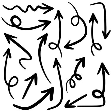 El çizimi ok simgeleri beyaz arkaplanda izole edildi. Doodle vektör illüstrasyonu.