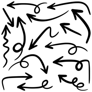 El çizimi ok simgeleri beyaz arkaplanda izole edildi. Doodle vektör illüstrasyonu.