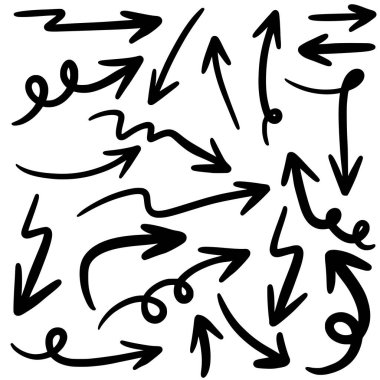 El çizimi ok simgeleri beyaz arkaplanda izole edildi. Doodle vektör illüstrasyonu.