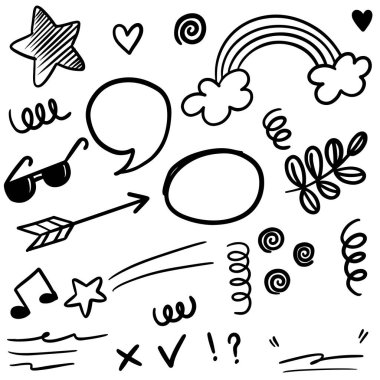 Beyaz arka planda izole edilmiş konsept tasarım için el çizimi karalama elementleri. vektör illüstrasyonu.