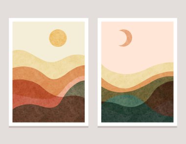 Dağ manzaralı soyut çağdaş estetik arka plan. Boho duvar dekoru. Minimalist tasarım. Soyut su rengi. vektör arkaplan illüstrasyonu.