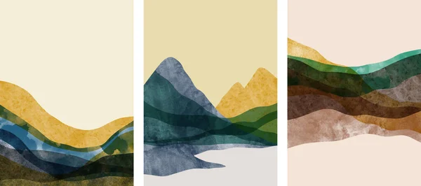 Uppsättning Abstrakt Bergslandskap Orientalisk Stil Minimalistisk Design Abstrakt Akvarell Vektor — Stock vektor