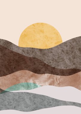 Soyut dağ manzarası, minimalist tasarım. Soyut su rengi. vektör arkaplan illüstrasyonu.
