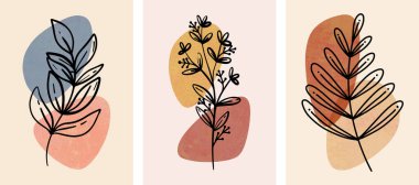 Soyut Botanik Duvar Sanatları, Soyut Yapraklar, duvar dekorasyonu için boho dalı botanik sanatı, kartpostal ya da broşür tasarımı. Vektör illüstrasyonu.