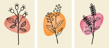 Soyut Yapraklı Soyut Botanik Duvar Sanatı, hazır. Duvar dekorasyonu, kartpostal ya da sosyal medya paylaşımı, afiş, davetiye, broşür için yaprakları olan Boho botanik dalı. Vektör illüstrasyonu.