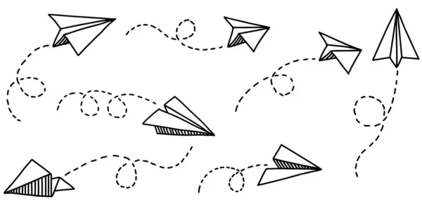 Set Icone Dell Aereo Carta Scarabocchiata Aereo Carta Disegnato Mano — Vettoriale Stock