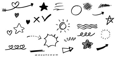 El çizimi kıvırcık salıncaklar, salıncaklar, salıncaklar. Soyut oklar, ok, kalp, aşk, yıldız, yaprak, güneş, ışık, taç, kral, kraliçe, konsept tasarım için karalama tarzı. vektör illüstrasyonu.