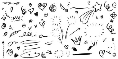 El çizimi kıvırcık salıncaklar, salıncaklar, salıncaklar. Soyut oklar, ok, kalp, aşk, yıldız, yaprak, güneş, ışık, taç, kral, kraliçe, konsept tasarım için karalama tarzı. vektör illüstrasyonu.