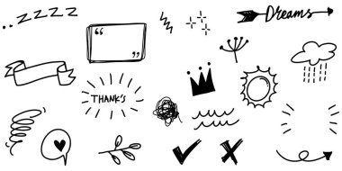 El çizimi kıvırcık salıncaklar, salıncaklar, salıncaklar. Soyut oklar, ok, kalp, aşk, yıldız, yaprak, güneş, ışık, taç, kral, kraliçe, konsept tasarım için karalama tarzı. vektör illüstrasyonu.