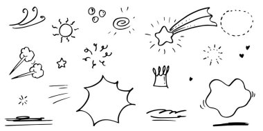 El çizimi kıvırcık salıncaklar, salıncaklar, salıncaklar. Soyut oklar, ok, kalp, aşk, yıldız, yaprak, güneş, ışık, taç, kral, kraliçe, konsept tasarım için karalama tarzı. vektör illüstrasyonu.