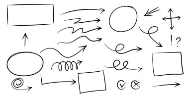 Çizgiler, oklar, daireler ve eğriler vektörü. El çizimi tasarım elementleri bilgi için beyaz arkaplanda izole edildi. vektör illüstrasyonu.