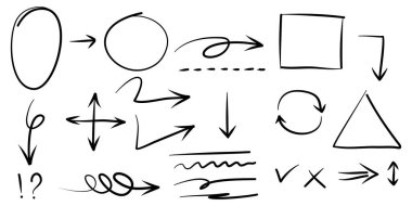 Çizgiler, oklar, daireler ve eğriler vektörü. El çizimi tasarım elementleri bilgi için beyaz arkaplanda izole edildi. vektör illüstrasyonu.