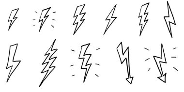 Bir dizi el çizimi yıldırım sembolü çizimi çizimleri. Thunder sembolü doodle .design element beyaz arkaplanda izole edildi. vektör illüstrasyonu.