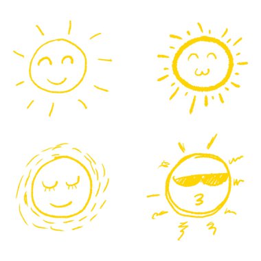 Karalama güneş seti. Tasarım elementleri. vektör illüstrasyonu.