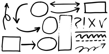 Çizgiler, oklar, daireler ve eğriler vektörü. El çizimi tasarım elementleri bilgi için beyaz arkaplanda izole edildi. vektör illüstrasyonu.