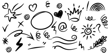 El çizimi kıvırcık salıncaklar, salıncaklar, salıncaklar. Soyut oklar, ok, kalp, aşk, yıldız, yaprak, güneş, ışık, taç, kral, kraliçe, konsept tasarım için karalama tarzı. vektör illüstrasyonu.