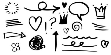 El çizimi kıvırcık salıncaklar, salıncaklar, salıncaklar. Soyut oklar, ok, kalp, aşk, yıldız, yaprak, güneş, ışık, taç, kral, kraliçe, konsept tasarım için karalama tarzı. vektör illüstrasyonu.