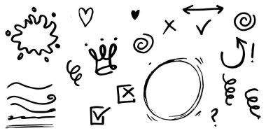 El çizimi kıvırcık salıncaklar, salıncaklar, salıncaklar. Soyut oklar, ok, kalp, aşk, yıldız, yaprak, güneş, ışık, taç, kral, kraliçe, konsept tasarım için karalama tarzı. vektör illüstrasyonu.