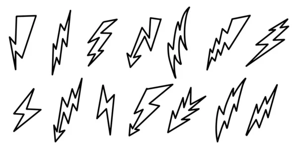 Set Van Hand Getrokken Elektrische Bliksemschicht Symbool Schets Illustraties Donder — Stockvector