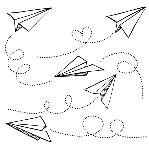 Conjunto Doodle Ícone Avião Papel Avião Papel Desenhado Mão Ilustração — Vetor de Stock