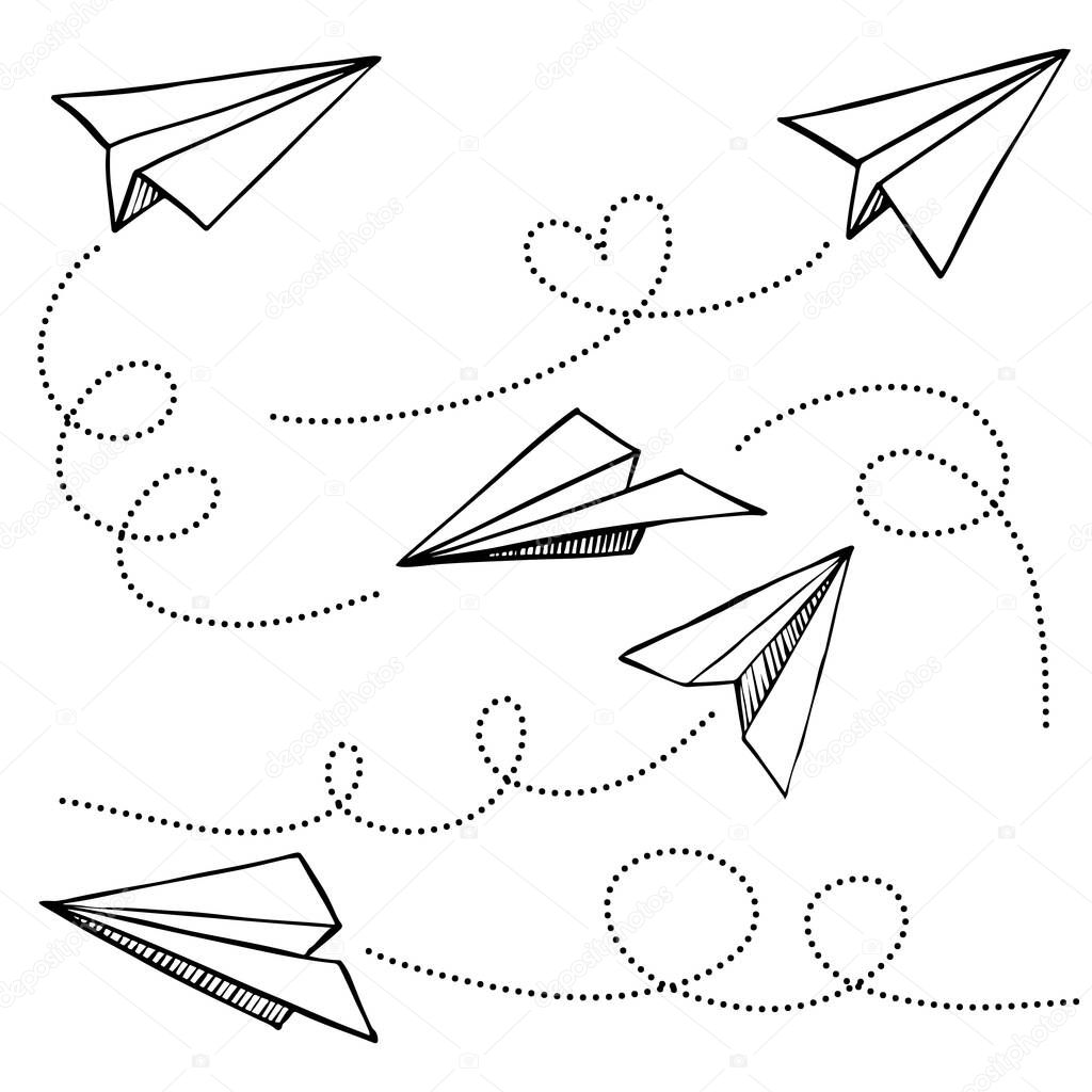 Set of doodle paper plane icon. Hand drawn Paper airplane. vector illustration.